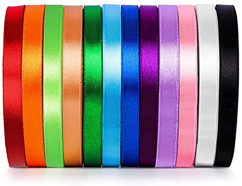 Ruban Satin 12Pcs Ruban Satin Mixte Coloris 12mm x 22.8m Décoration DIY Mariage Fête Emballage Cadeau Gâteau Bouquet Créatifs Faire nœud Papillon