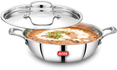 AVIAS Riara Triply Kadhai with Lid, Stainless Steel Kadai with Flat Bottom, Steel Casted Handles, 2.5 Mm Thickness, Induction Base, 3.25 Litre, 26cm