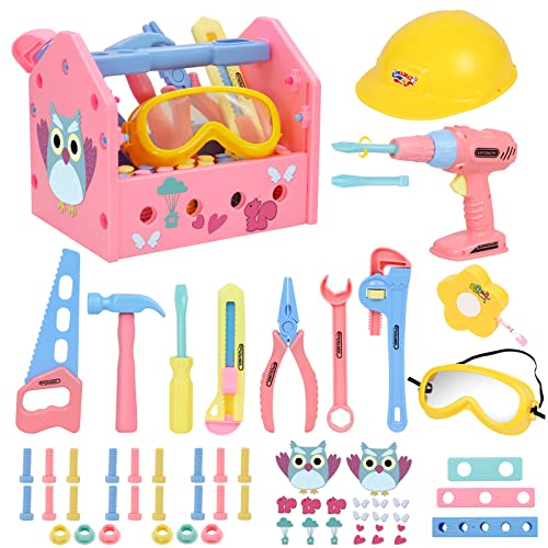 Gifts2U Girl Toy Set: Pretend Play Construction Tool Accessories Age 3+ with Electric Drill, Hammer, Tape Measure, Tool Box, Hat