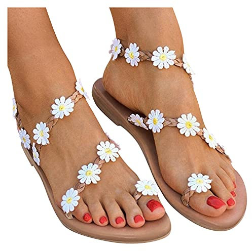 Briskorry Boho Flache Sandalen Damen Böhmen Strandsandalen Elegante Lace Spitze Blumen Sommerschuhe Freizeit Vintage Zehe Ring Gladiator Sandalen Römische Schuhe Zehentrenner Komfortable