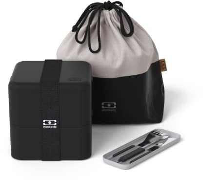 MONBENTO - Onyx Lunchbox Set - Mit Bento Box MB Square mit Fächern Made in France, Besteck-Set MB Slim Box, Bento Tasche MB Pochette L für Büro/Meal Prep/Schule - BPA Frei - Lebensmittelecht - Schwarz