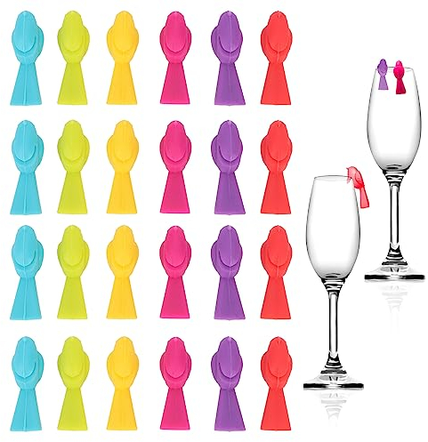 Cyrank Glasmarker, Glasmarkierer, 24 Stück Weinmarker für Gläser, Mini-Vögel Silicone Wine Glass Drink Markers, Silikon-Getränkemarker, Weinglas-Identifikationsetiketten, Silikon-Glasanhänger