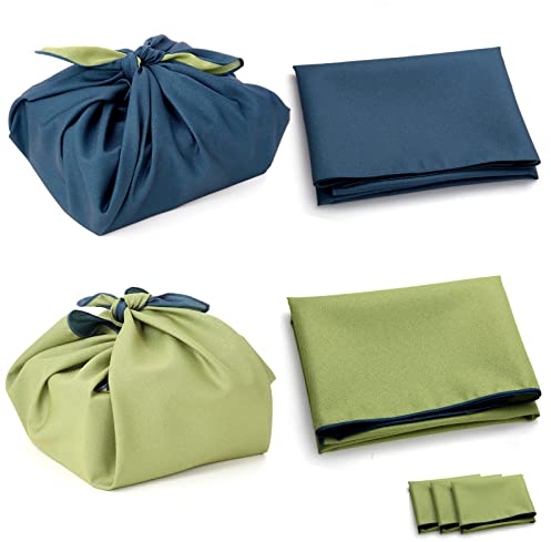 Furoshiki Wickeltuch, 3 Stück Bento-Box, Lunch-Weinflaschenabdeckung, doppelseitig, 70 x 70 cm, extra groß, japanischer Stil, Weihnachtstuch, abfallfreie Einkaufstasche, Marineblau