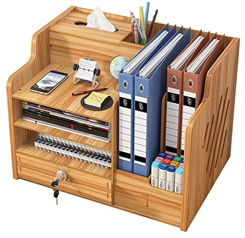 Updated Wooden Desktop Organiser with Drawer, Large Capacity Desk Tidy Storage Holder File Rack A4 Paper Document Sorter DIY Office Supplies Storage Box for Home, Office and School(JB07-2 Cherry Wood)