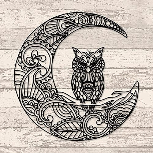 Aufbewahrung Metall Wandkunst Skulptur Deko Metall Eule Wanddeko Eule sitzt auf dem Mond über der schwarzen Wandkunst Einfach aufzuhängen Anti-Rost geeignet für Schlafzimmer Küche und Garten minimal