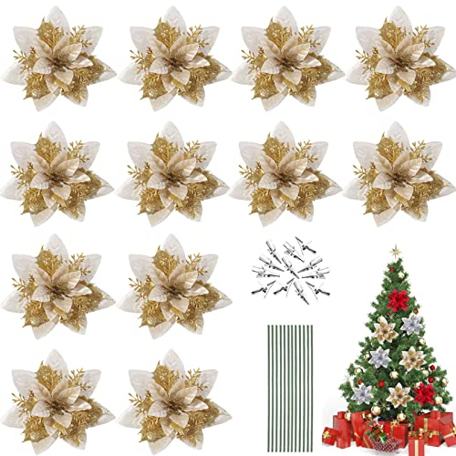 Qunkun 12 Stück Weihnachten Glitzer Weihnachtsstern Künstliche Blumen, Weihnachtsstern Deko Blumen, Weihnachtsblumen, Christbaumschmuck, Weihnachten Blumen mit 12Pcs Vorbauten und Clips