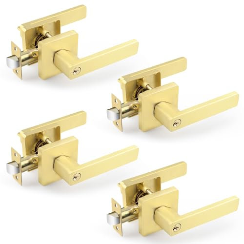 EHOMEWARE Confezione da 4 leve per porta con serratura e chiave in ottone satinato, maniglie interne dorate, maniglie per porte d'ingresso con chiave allo stesso modo, maniglie per porte in ottone