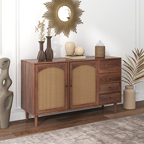 ModernLuxe Sideboard Mit Rattan Einsatz, mit DREI Türen und Zwei unregelmäßigen Schubladen, Braun (130 x75.5 x 40 cm)