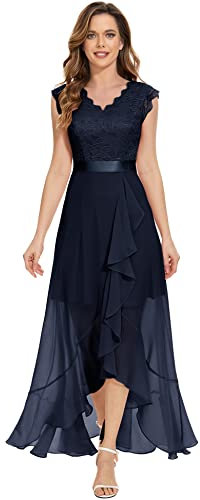 Dressystar Damen Elegant Abendkleider Hochzeit Party V-Ausschnitt Cocktailkleid Maxi Lang Brautjunferkleid Marineblau M
