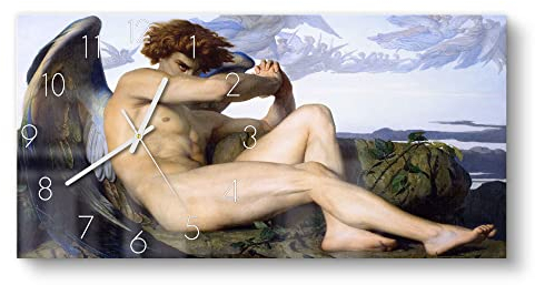 DEQORI Glasuhr | vertikal 60x30 cm | Motiv Malerei gefallener Engel | große XXL Design Uhr aus Glas | leise Wanduhr für Wohnzimmer & Küche | Moderne Hingucker Uhr für die Wand