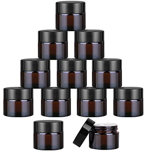 BOSMIOW 12Pcs 10g Amber Glass Face Cream Bottles Round Brown Makeup Sample Jars with Liners and Black Screw Lid Empty Refillable Cosmetic Storage Containers for,Lip Balm,Moisturizer,Ointments,Mud Mask