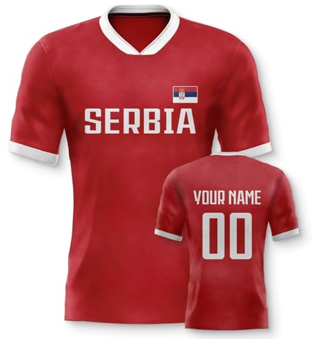 Yolovi Serbia Personalisiertes Fussball Trikot 3D Druck Football Shirt mit Ihrem Namen und Nummer Hip Hop Football Jersey für Herren Damen Kinder, Small-6X-Large