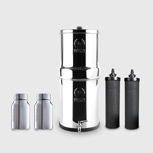 Phoenix Gravity - Système de filtration d'eau par gravité AISI 304 de 8 litres, 2 Smart Carbon, 2 éléments d'élimination du fluorure en acier POSTreat, robinet en acier inoxydable gratuit