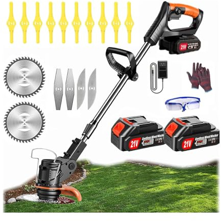 Trimmer Garden ,Strimmers Cordless21v Height Adjustable,with 2 * 21v Li-Ion Batteries,Cordless Grass Trimmer Light Weight/ 3 Types Blades
