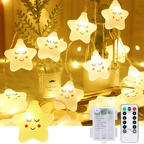 Hopelit Lichterkette Batterie Sterne 20LEDs 3m Warmweiß, Lichterkette Kinderzimmer mit Timer & Fernbedienung, 8 Modi Lichterkette Batterie Innen Wasserdicht für Schlafzimmer, Party, etc