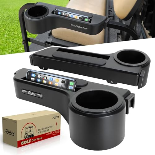 Roykaw Golf Cart Armrest with Cup Holder/Rear Seat Arm Rests Fit for EZGO/Club Car/Yamaha & Most Golf Cart, Upgrade 3rd Gen - w/Phone Holder, No Drilling Required, Fit 1.0/1-1/4 Square Tube Frame