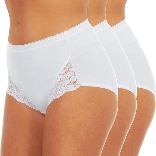 ITRAT® Maxi slip da donna romantici con pizzo a vita alta in cotone traspirante mutandine comode da donna lingerie mutandine multipack 3, bianco, 46