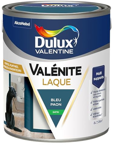 Dulux Valentine Peinture Laque Valénite Intérieur et Extérieur Multi-supports - Finition parfaite et lisse, Formule Haute Résistance - Satin Bleu Paon 2 L