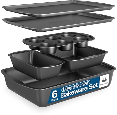 Bakken Swiss – Backformen-Set – 6-teilig – stapelbar, Deluxe, antihaftbeschichtete Backformen für professionelle und heimische Küche – Karbonstahl, graue Beschichtung