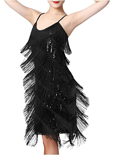 20er Jahre Kleid Damen Gatsby Pailletten Fransenkleid Spaghettiträger Sexy Kurz Latein Tanzkleid 1920er Abendklied Cocktailkleid Damen Abschlussball Flapper Kleider 1920er Fransen Quaste Kleid