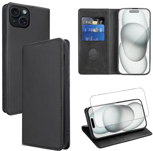 Vauki Funda Cuero para iPhone 15 con 1 Cristal Templado Carcasa PU Tipo Cartera Soporte Tarjetas Case Ranuras Soporte Plegable Tapa Libro Movil Flip Caso para iPhone 15 6.1, Negro