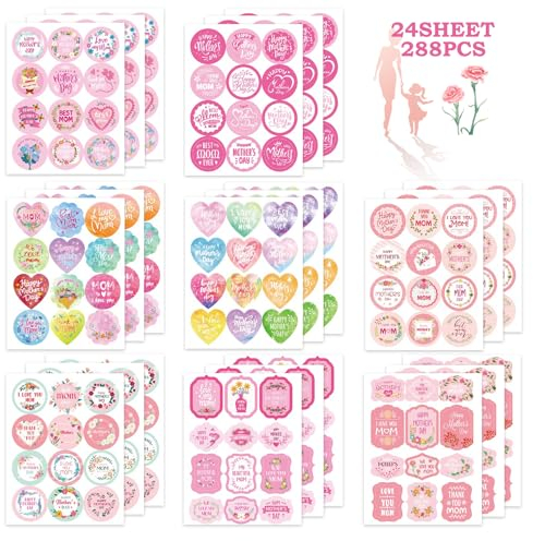 Simpeak Muttertag Aufkleber 288 Stück, Muttertag Fröhliche Sticker Selbstklebende,Muttertag Deko DIY Blume Aufkleber, Mutter-Geschenkaufkleber Scrapbooking Aufkleber, 24 Blatt, 8 Stile, 40TZ11-24P