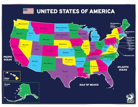 Plucky Wandbanner, Geographie-Poster, Karte der USA, Dekorationen für Lehrer, US-Geschichte, Sozialstudien, Grund- und Mittelschule, Wanddekoration, 45,7 x 61 cm
