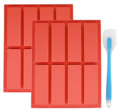 SHBAOCH 2 Piezas Moldes Para Barritas,Molde De Silicona Rectangular De 8 Cavidades y Una Espátula de Silicona Para Energéticas,Granola,Chocolate,Pasteles,Rosa (marrón)