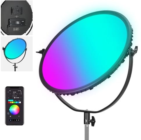 Neewer 18 RGB LED Round Panel Video Light with APP Control, 65W 6000Lux/0.5m 2500K-8500K RGBCW Photography Studio Lighting /18 Scenes/V Battery Powered for Outdoor Filming Recording Streaming, GR18C