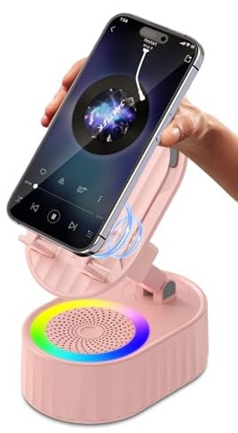 AKLLCCR Wireless Induction Audio Bluetooth Speaker 5in1 Phone Holder Emergency Rechargeable (3000mAh) with Colorful Ambient Light 300° Foldable for Tablet iPhone Android, Gifts for Men Women (Pink)