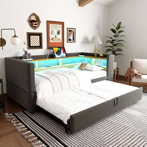 Polsterbett Ausziehbares Bett 90/180x190, Bettgestell mit LED Beleuchtung&Steckdosen&vielen Ablagefächern, Tagesbett Einzelbett Doppelbett Funktionsbett Gästebett, Flannelette,Ohne Matratze,Dunkelgrau