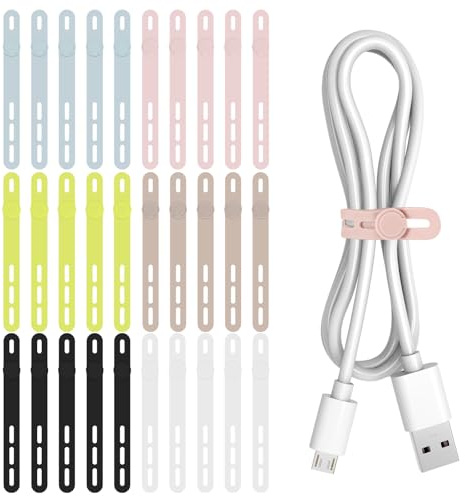 Donruby 30Pcs Silicone Cable Ties, Reusable Cord Organizer Straps, 6 Colors | Adjustable, Multipurpose, 4.7 High-Elasticity Cord Wraps for Bundling Electronics, Home Office School Essentials