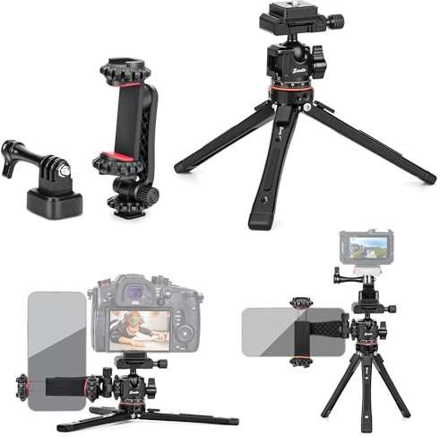 Zeadio 3-in-1 Heavy Duty Metal Tripod & Arca Swiss Ball Head with Phone Holder & Action Cam Adapter, Universal Phone Vlogging Tripod Kit for Cell Phone, Camera, Gimbal, Action Cam, Travel Vlogging etc