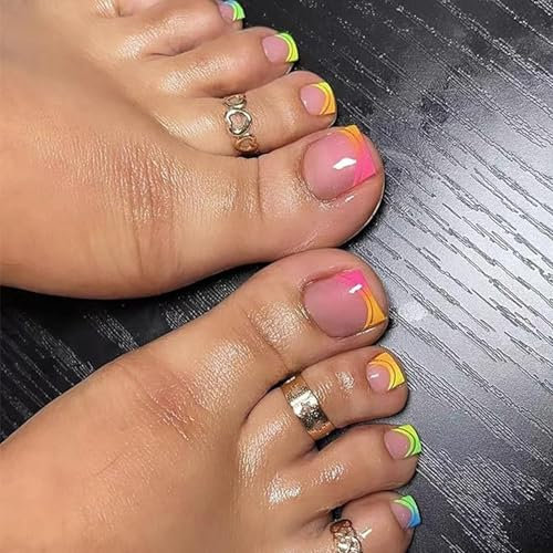 24pcs Short Square Press on Toenails with Jelly Tool – Rainbow Gradient Glossy Fake Toe Nails – Full Cover Acrylic Tips for Women & Girls Summer French Style