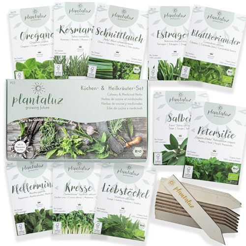 Plantaluz Bio Kräutersamen Set 10 Sorten Küchen- & Heilkräuter Saatgut | KRÄUTERBOX FÜR KRÄUTERGARTEN & ANZUCHT: Geschenkset zum Selberziehen von Gewürzkräutern für den Eigenanbau.