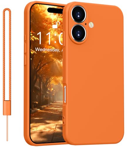 Yoawiful für Handyhülle iPhone 16 Hülle Premium Silikon Kameraschutz Hülle 16 Case mit 1 Lanyard, stoßfest dünn weich Kratzfest Schutzhülle mit Mikrofaser-Futter Orange