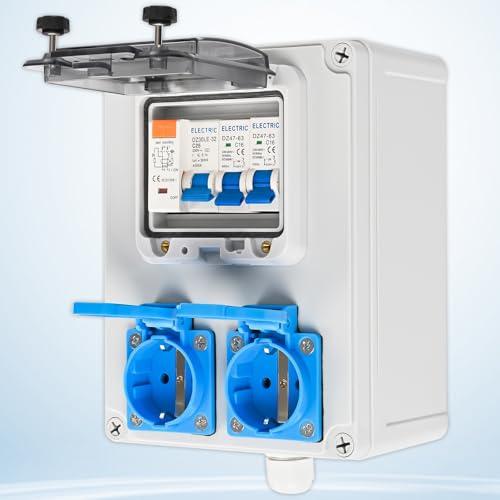 Sorlpv Baustromverteiler Wandverteiler, Komplett Verdrahtet Stromverteiler mit 16A 230V Schuko, FI Schalter und LS Schalter,IP67 Wasserdicht Gehäuse für Außen Innen Werkstätten Fabriken