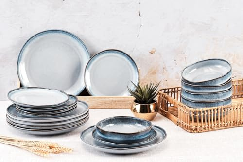 BJORN Geschirrset GENESIS Les Essentiels – Geschirrset 6 Personen aus glasiertem Steinzeug, Teller-Set und Schalen im handwerklichen Design, Kollektion MER