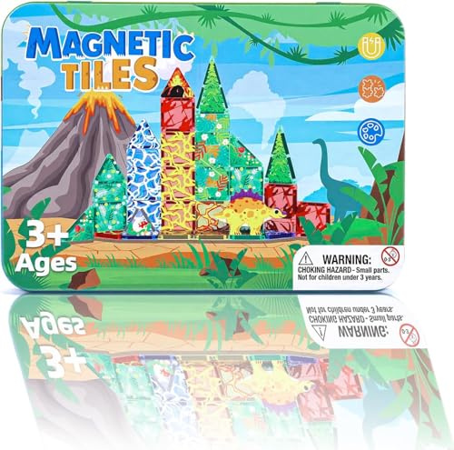 MEESHEEP Travel Magnetic Tiles for Kids 42PCS Mini Travel Set with Tin | Dinosaur-Shaped Design, Ultra-Portable, Kids Travel Toy for Plane & Car, Toddlers Preschool Learning Christmas Birthday Gift
