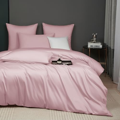 Luofanfei Housse de Couette Coton 220x240 Rose Satin de Coton Parure de Lit Doux Soyeux Respirant Lyocell Soie Linge de Lit 2 Personne avec Fermeture Éclair et Taies d'oreiller 65x65 cm