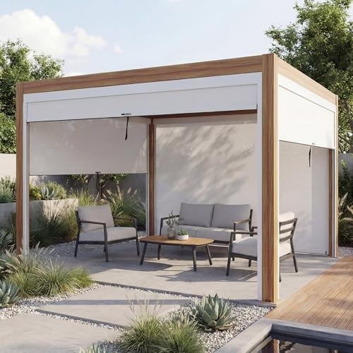 Mendler Pergola HWC-L46 mit Seitenwand 3x3m - Holzoptik, weiß