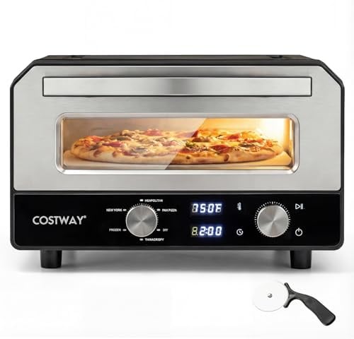 COSTWAY Horno Pizza Electrico, 11,5L, 1700W, 400℃, Pizzera Electrica con 6 Modos Preestablecidos, Piedra y Cortador de Rueda, Pizza Oven Interior Exterior