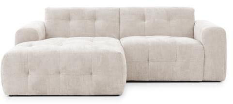 Modernes Ecksofa mit Ottomane links und raffinierten Steppungen, B234/T161/H79 cm, mit Wellenunterfederung, angenehm weicher, strapazierfähiger Chenille-Bezug in Beige / 21036