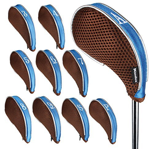 Andux Mesh Golf Iron Club Head Covers with Zipper Left and Right Handed 10pcs/set (Coffee/Blue)