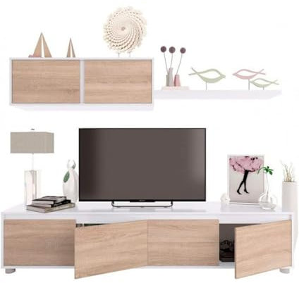 PEGANE Ensemble TV en Panneaux de Particules Blanc et Imitation chêne