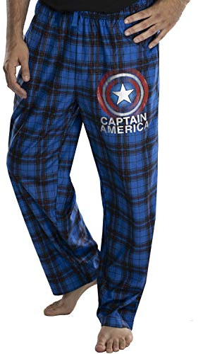 Marvel Mens' Captain America Shield Logo Plaid Pajama Lounge Pants (Large) Blue