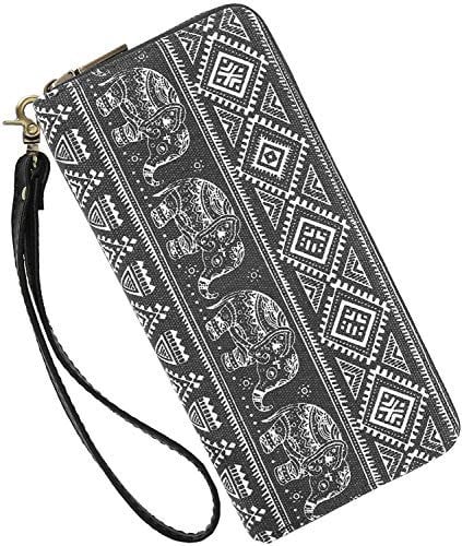 Geldbörse Damen groß viele Fächer Canvas Geldbeutel Elefant Portemonnaie mit Reißverschlüsse (Schwarz-1633)