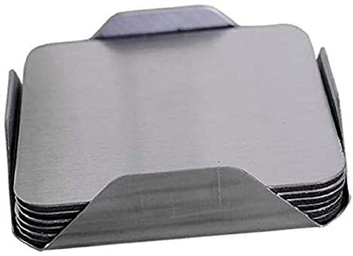 FülleMore Edelstahl Glasuntersetzer 6er Set Untersetzer mit Halter 9x9cm quadratisch Tassenuntersetzer Anti-Rutsch Getränkeuntersetzer hitzebeständig Tischuntersetzer