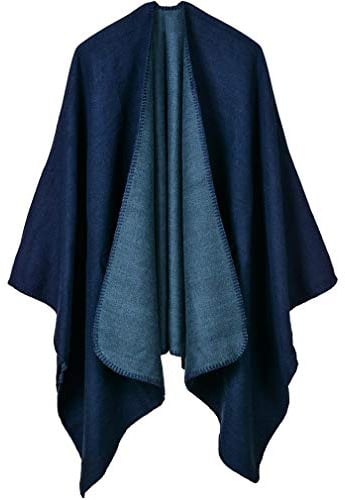 Lifetooler Poncho de Mujer Chaqueta de Frente Abierto Chaqueta de Invierno Dama de Capa Reversible Impreso de Gran tamaño Envolturas a Cuadros Tartán Patrón geométrico Mantón (Azul Marino)