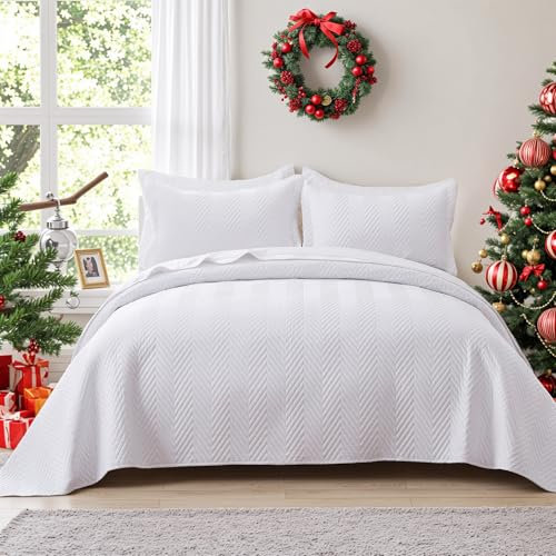 NexHome Bettwäsche-Set für King-Size-Betten, 269,2 x 243,8 cm, Weiß / Rosa, Tagesdecke mit 2 Kissenbezügen, Zickzack-Muster, leichte Decke für alle Jahreszeiten, weiche Mikrofaser, modernes